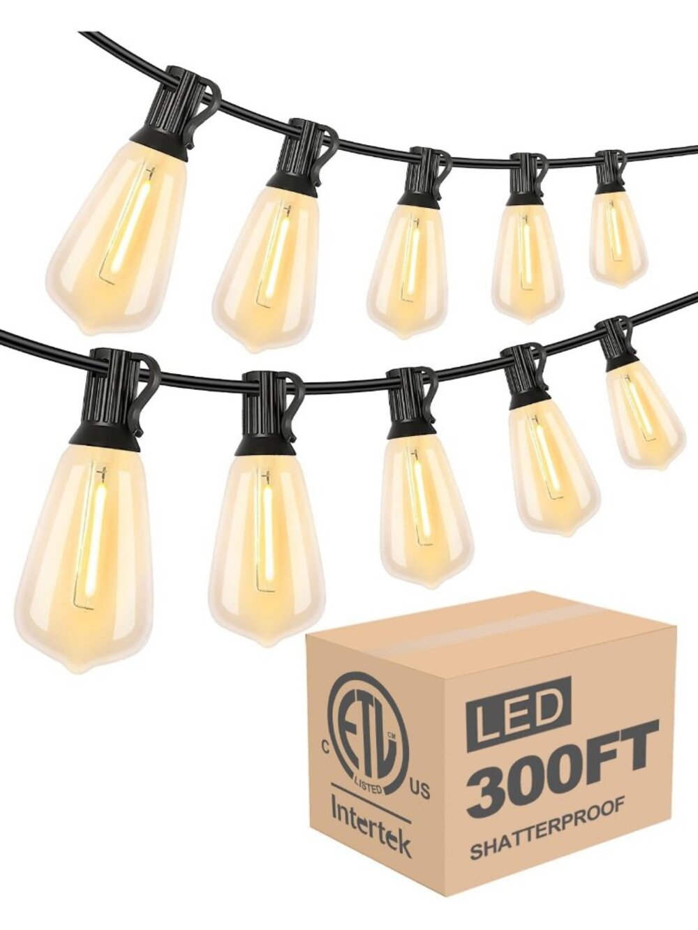 Dimmable 300FT LED Outdoor String Lights with Vintage Bulbs - Waterproof Bistro